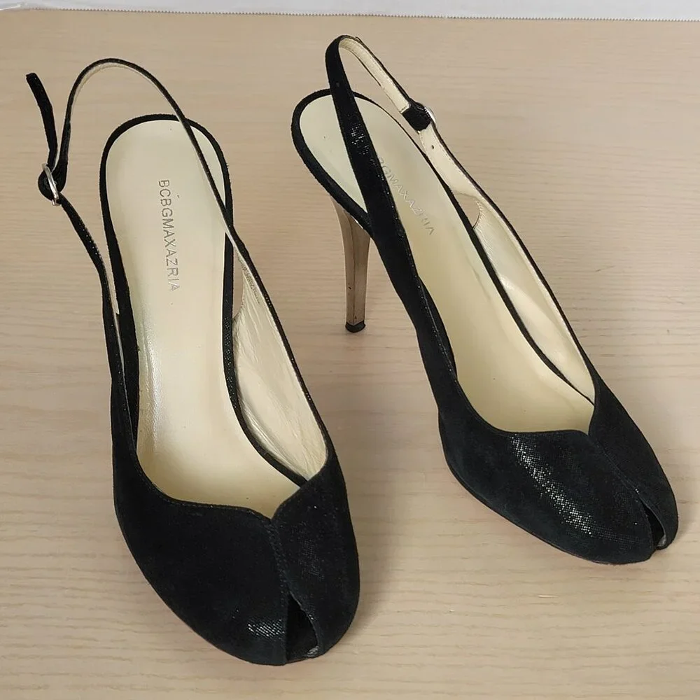 BCBGMAXAZRIA Kelly Black Metallic Leather Peep Toe Heels Size EU 39/US 8.5